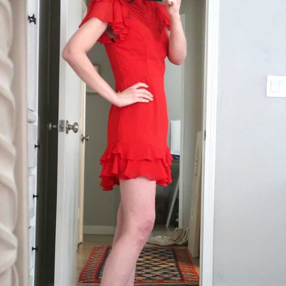 Saints + Secrets Red Ruffle Mini Dress High Neck Flutter Sleeve - Picture 13 of 16